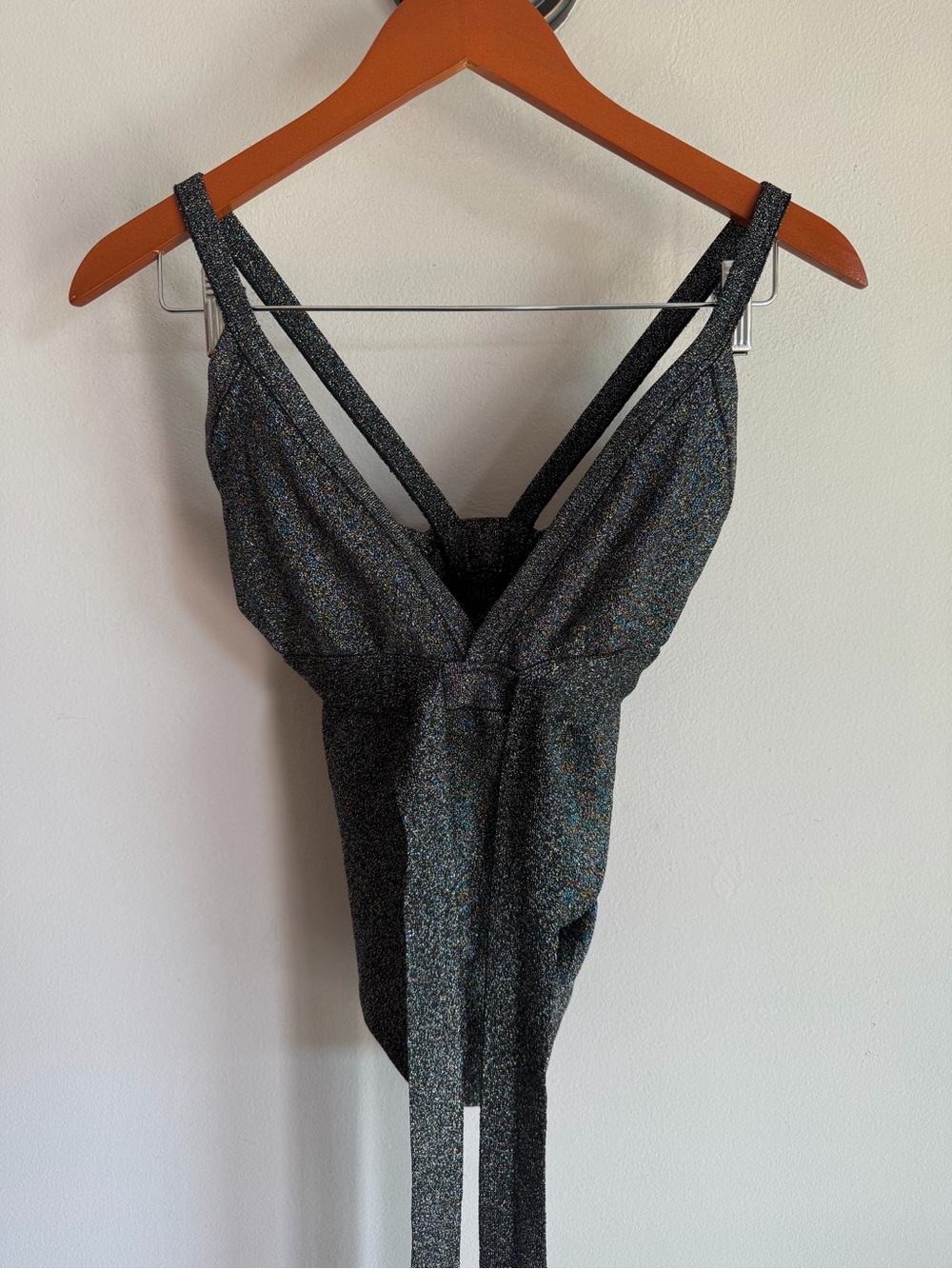 Animale Brazil Metallic Glitter Bodysuit Medium V-Neck Sleeveless Tie Front Top